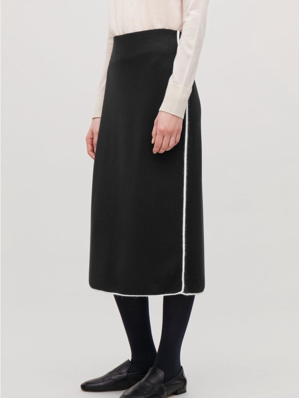 COS Black Contrast Trim Knit Midi Skirt Lyocell Linen Silk Size XS Minimalist Lu
